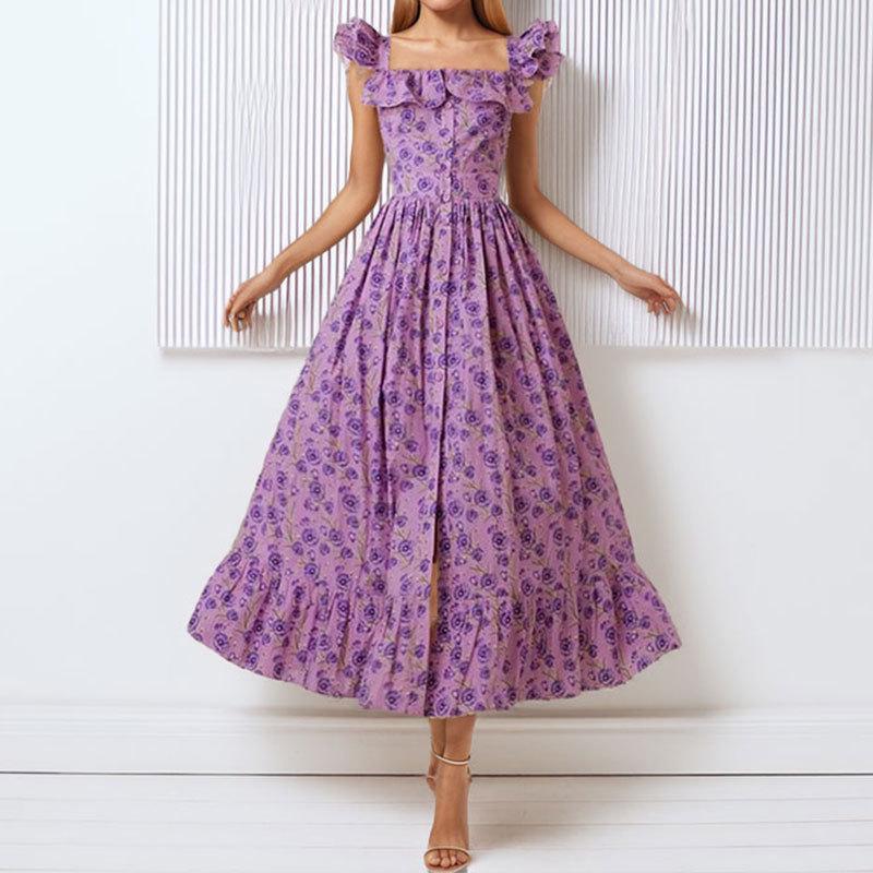 

2026 Spring European American Style Women s Fashion Casual Printed Patchwork Ruffled Hem Dress M фіолетовий