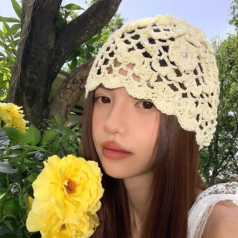 Spring and Summer Handmade Hook Up Knitted Head Hat for Women Thin Breathable Hollow Hat Fashionable Retro Niche Pullover Hat