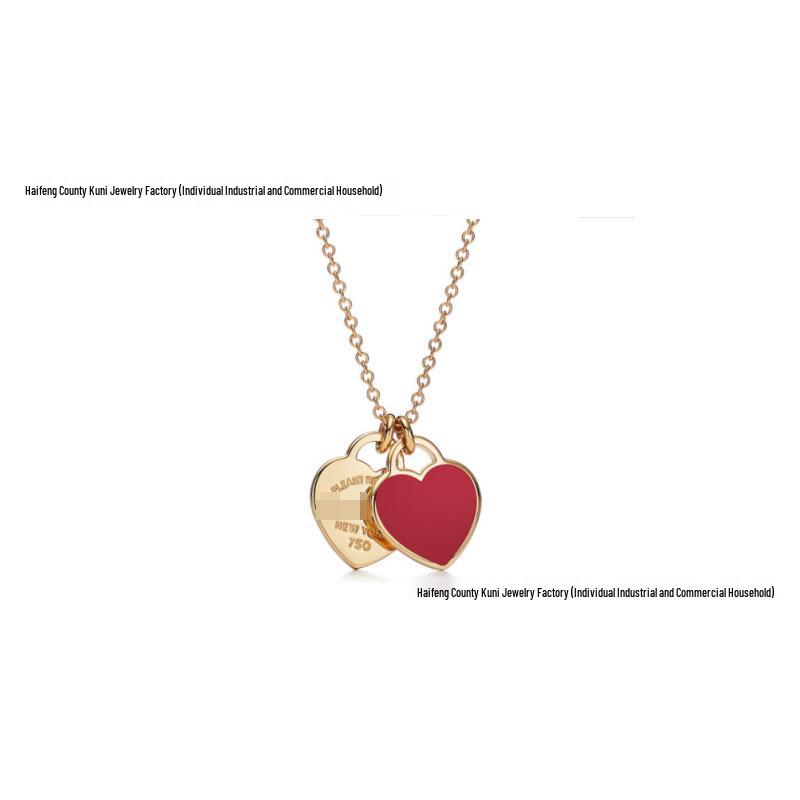 T-brand 18K Gold-Plated Double Heart Pendant Necklace with 925 Sterling Silver and Epoxy Enamel
