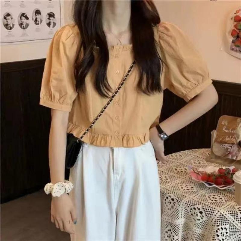 

Summer New Style Ruffled Short-sleeved Shirt for Women High Waist Salty or Sweet Puff Sleeves Fresh S жёлтый