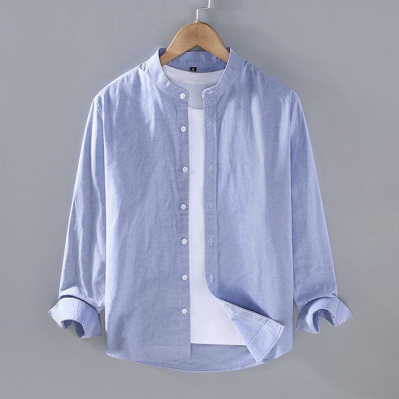 Flax Men Spring and Summer Stand Collar Long Sleeve Fashionable Men's Shirt Cotton Linen Shirt for Men Vintage Vacation Shirts
