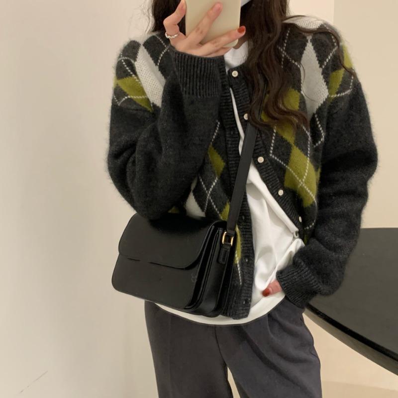 Retro Diamond Knitted Cardigan Women's Autumn and Winter New Lazy Wind Loose Casual Sweater Jacket Top