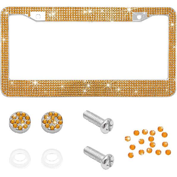 Bling Car License Plate Frame, Handcrafted Rhinestone License Plate Frame With Glitter Screw Caps, Sparkly Bedazzled Diamond Stainless Steel License