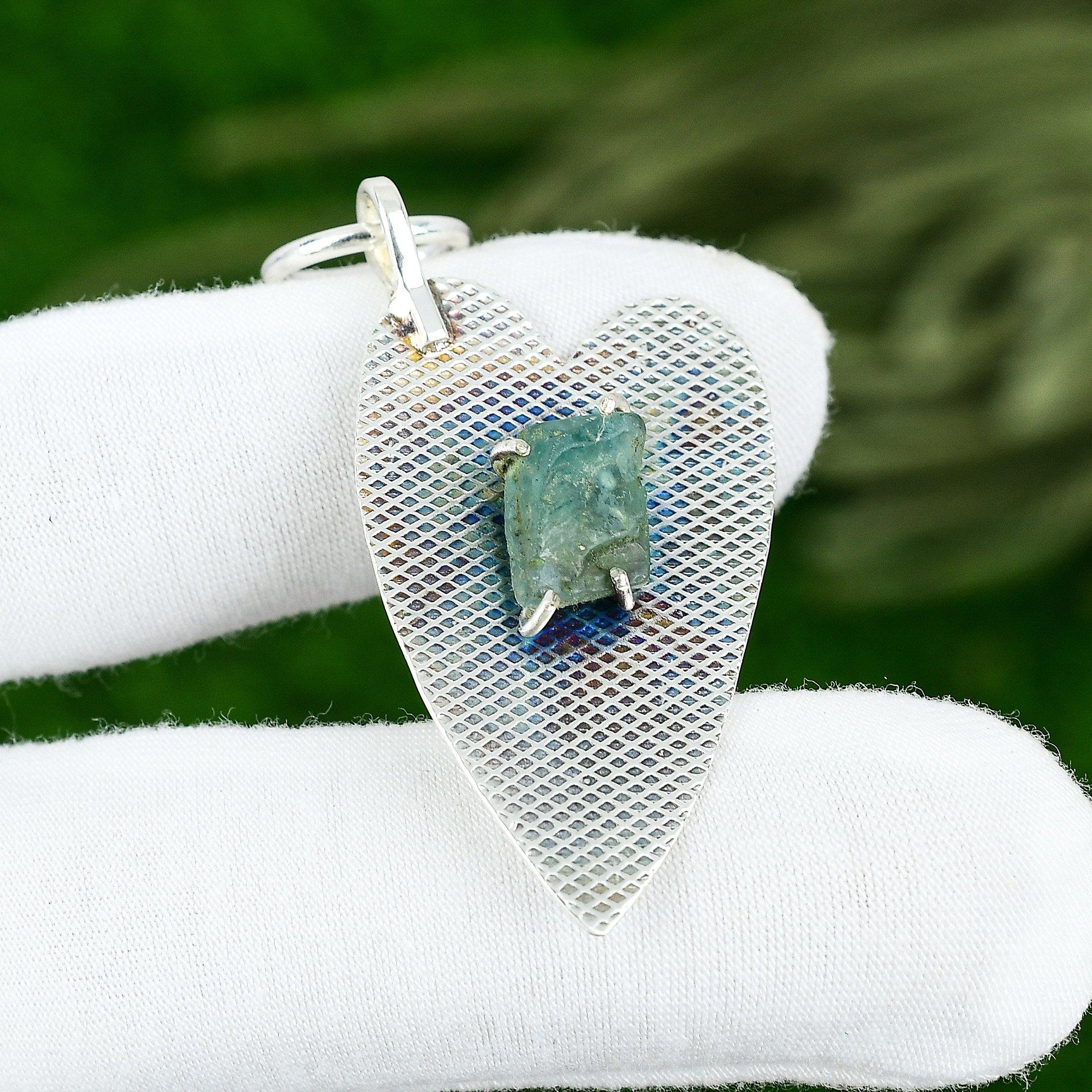 

Aquamarine Rough Gemstone Bezel Art Deco Anniversary Artisan Pendant 925 Silver