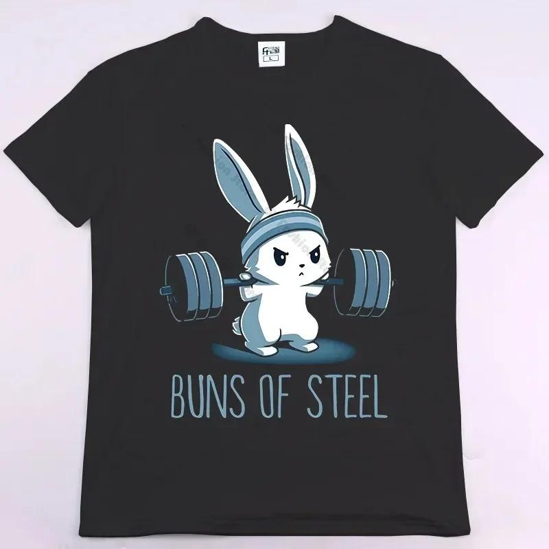 BUNS OF STEEL Rabbit Fitness Funny Gym Rat Bodybuilding Crewneck T Shirt Unisex Casual Short Sleeve Oversized TShirt Unisex