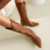 FOREADA Women Mid Calf Boots Pointed Toe Thick High Heels Rivets Embroidery Western Cowgirl Boot Ladies Fashion Shoes Winter 43