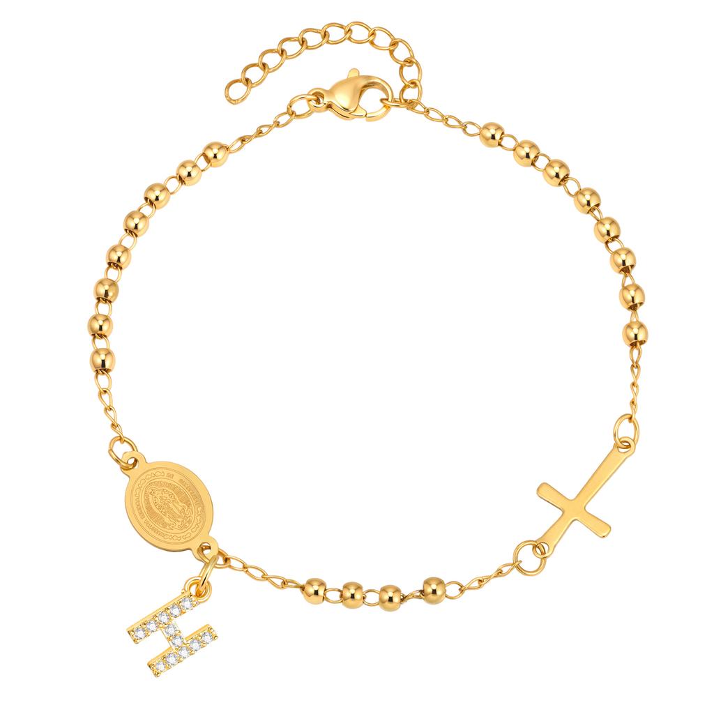 Stainless Steel Rosary Virgin Mary Beaded Bracelets with A-Z Initial Letter Pendant, Gold Plated Religion Jewelry for Women