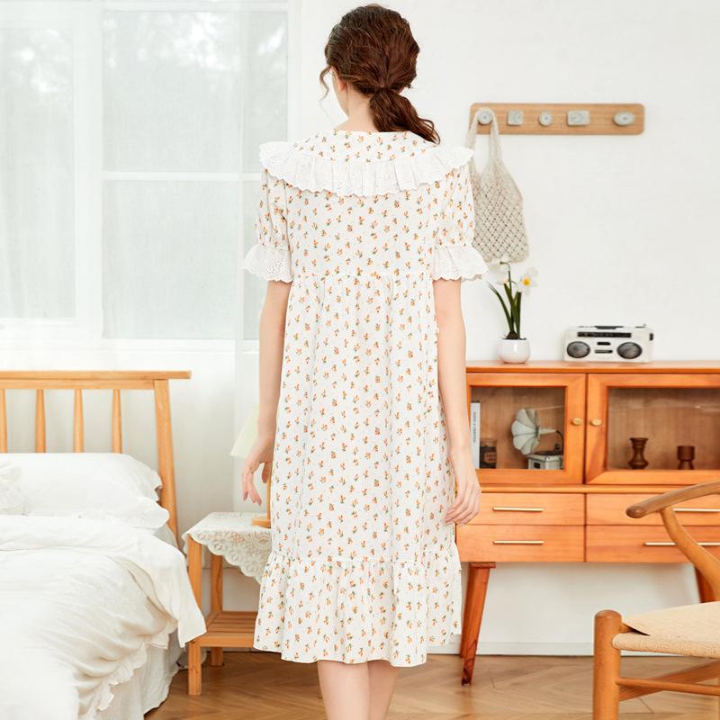Women's Floral Short-Sleeve Cotton Nightgown, Loose Mid-Length Court Style Princess Homewear