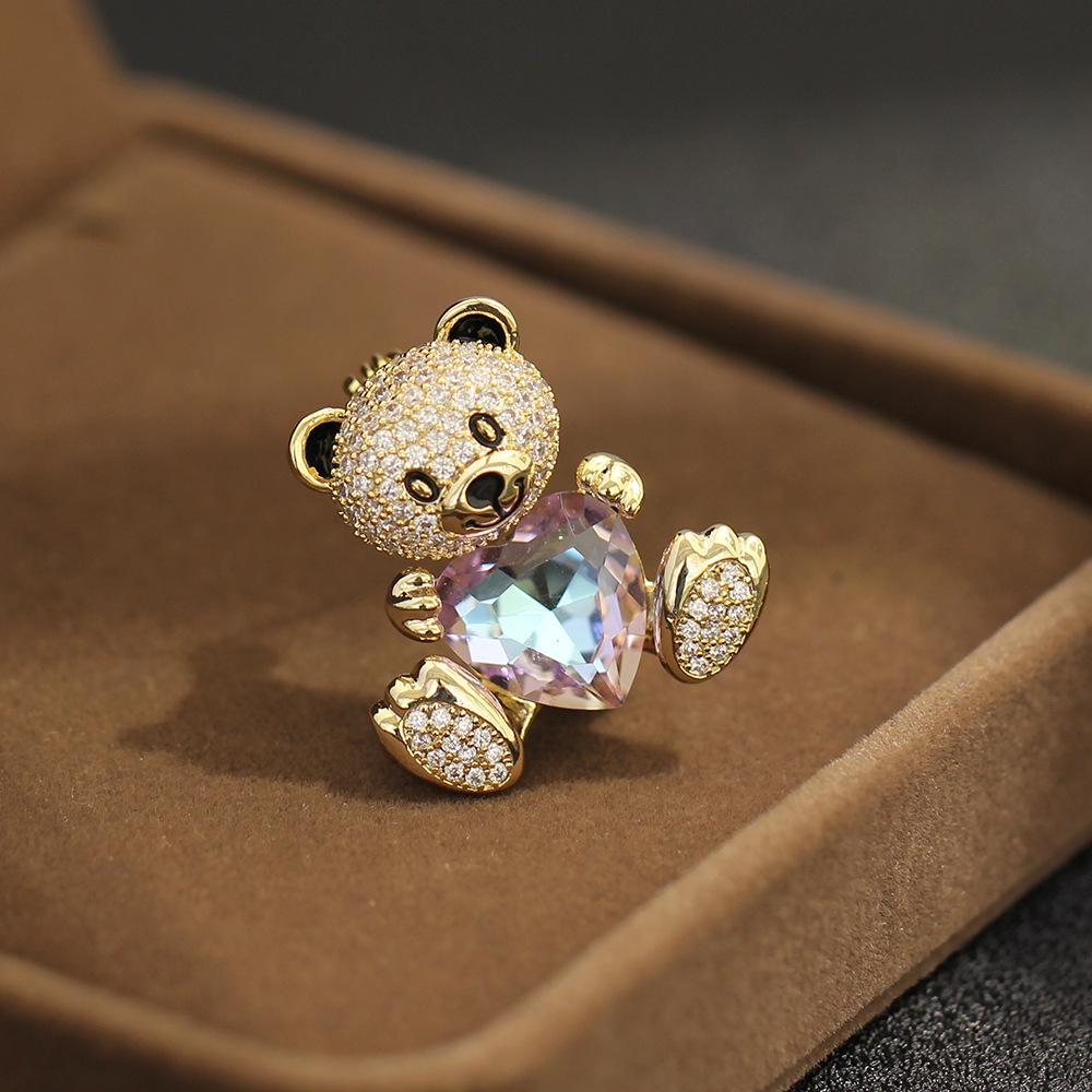 Cute Korean Version, Sweet Purple Crystal Peach Heart Brooch, Loving Bear Animal Pin, Same Accessories for Men and Women