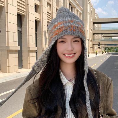 Ladies' Winter Colored Striped Ear Protector Hat Sweet Knitted Cold Resistant Warm Hat