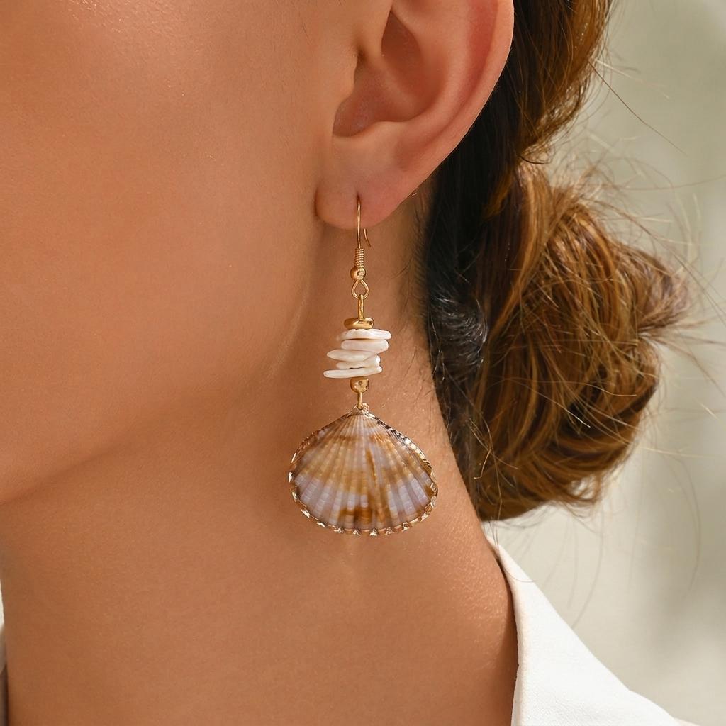 Bohemian Shell Necklace Earrings Set for Women Trendy Scallop Gold Plated Dangle Earring Clavicle Chain Party Jewelry Gift