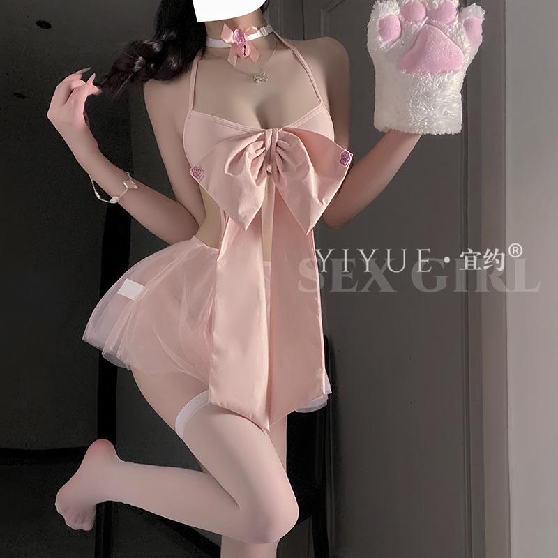 Erotic Lingerie Sexy Bow Cat Role-playing Uniform Seductive no-Take Pajama Women's Set 1274