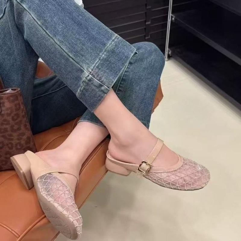 Fashion Spring New Baotou Slippers Women's Fashion Round Head Shallow Mouth Mesh Cloth Breathable One Word Belt Mid-heel Sandals
