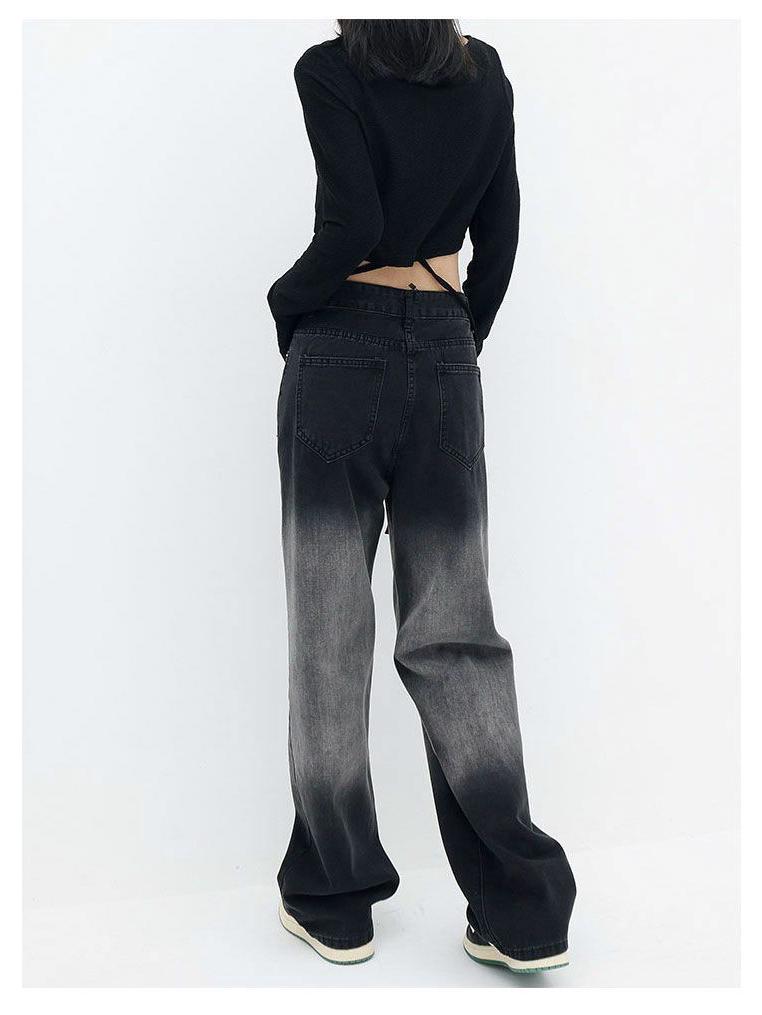 Birnenförmige High-Waist Schwarze Gradient Wide Leg Jeans für Damen - Schlankmachende Straight Leg Hose für Frühling und Herbst