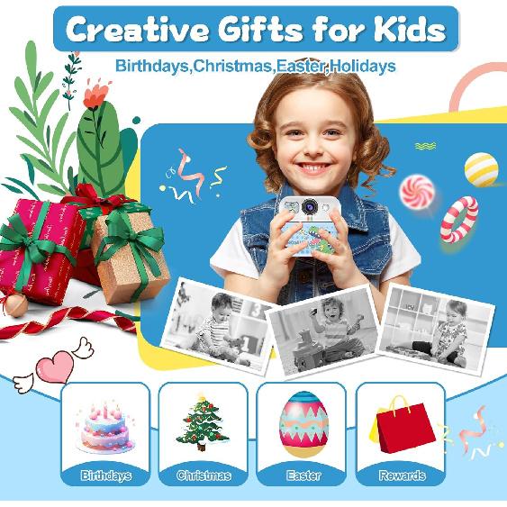 Kids Camera Instant Print, Kids Christmas Birthday Gifts Instant Cameras That Print Photos,1080P Toddler Camera Toys for 3 4 5 6 7 8 Year Old Girls