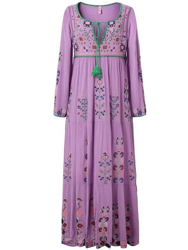 

Бохо Шик Платье с Цветочной Вышивкой, Длинное, На Шнуровке Small фиолетовый