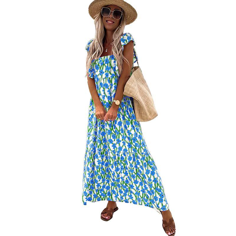 

New Arrival Plant Florals Print Square Collar Short Sleeve Dress Women s European and American Style Easiest for Match Women s Casual Long Skirt Dark blue P520 S code fits (45.00 kg-55.00 kg