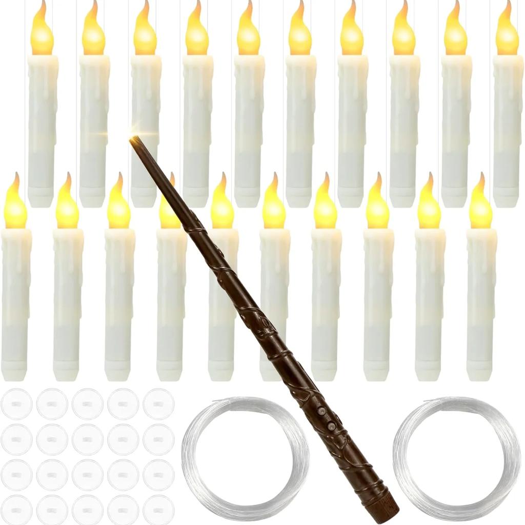 12Pcs Floating Remote Candles with Magic Wand Flickering Warm Light LED Flameless Candle Taper Candles Christmas Halloween Party
