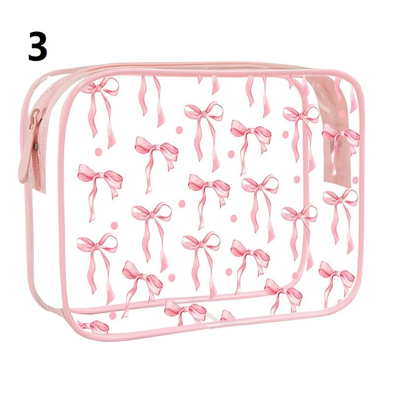 All Over Print Waterproof Pvc Nylon Pouch Bows Makeup Bag Transparent Toiletry Zipper Pouch Bow Clear Cosmetic Bags