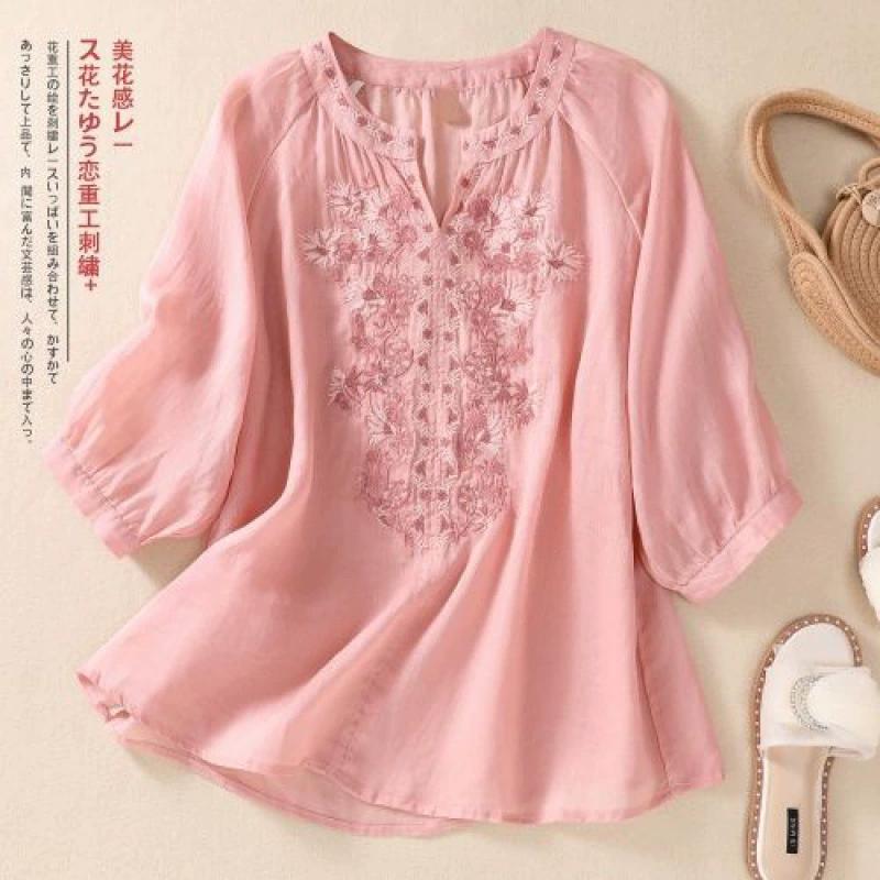 Spring Women‘s Shirt Solid Color Elegant Women's Blouses Floral Embroidered V-neck Blouse for Women Retro Style Loose Fit Shirt