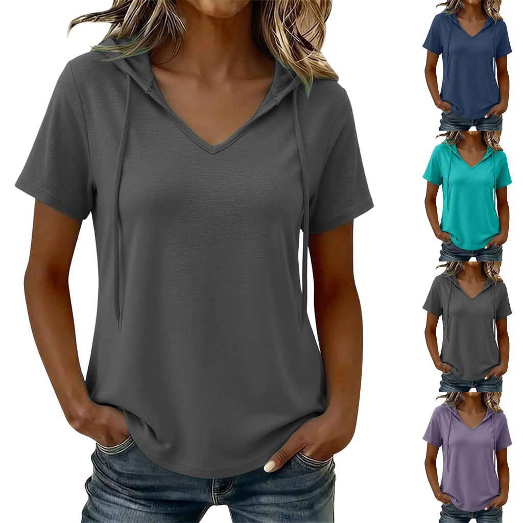Women’s Short Sleeve Hooded Pullover V Neck Loose Fit Casual Drawstring Shirt Lightweight Comfortable Top for Everyday Wear