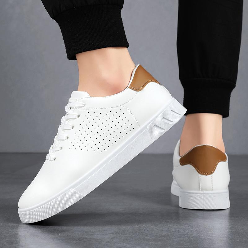 Mens Classic White Athletic Shoes Daily Genuine Leather Lace-Up Shoes Breathable Perforated Lightweight Walking Footwear For Male