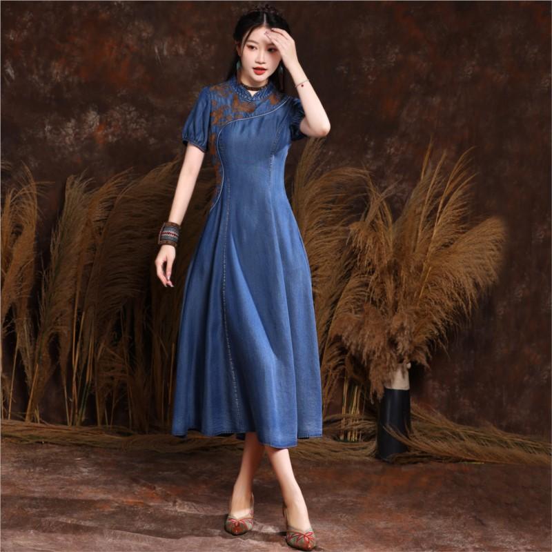 Johnature Chinese Style Cheongsam Vintage Casual Dress Summer Women Embroidery Short Sleeves Collar Dress