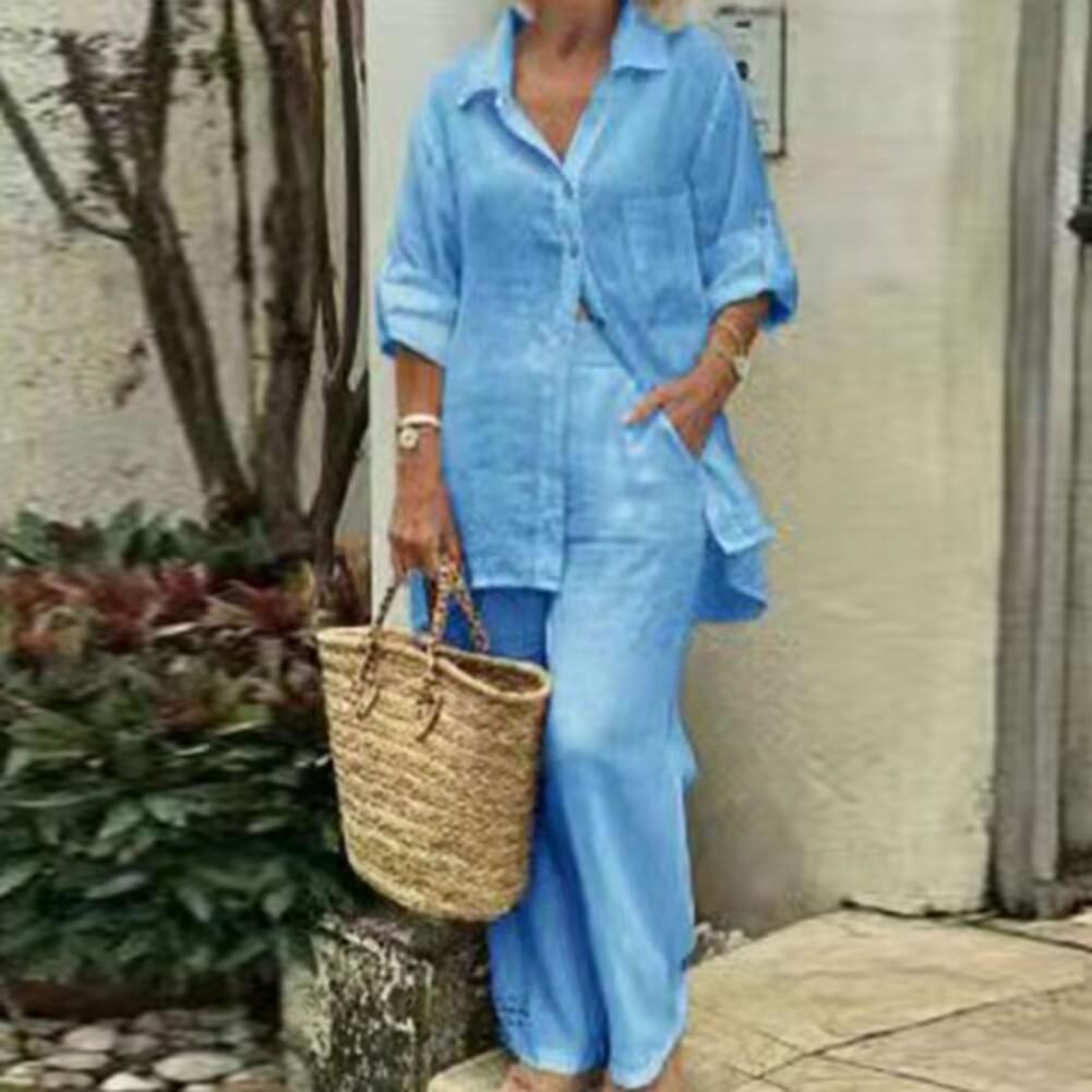 2024 Spring/Summer Women's Lapel Long Sleeve Cardigan and Pants Two-Piece Set