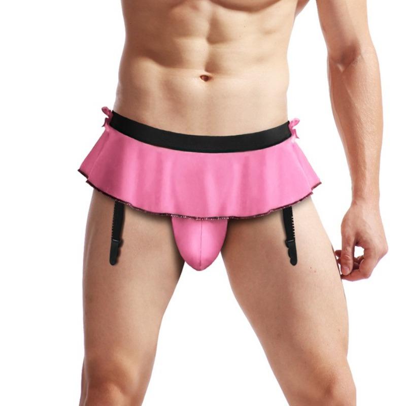 Men'S Sissy Skirted Ruffle Thong Panties Bowknot Low Rise G-String Bikini Briefs Underwear With 4 Gaters Belt Gay Sexy Lingerie
