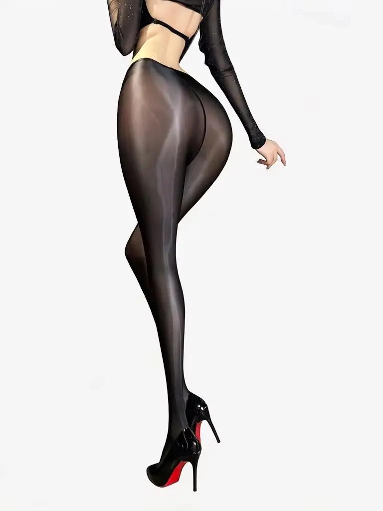 Pantaloni a Tubo Sexy da Cameriera Donna Trasparenti Sottili Lucidi Effetto Olio Leggings Modellanti Elastici per Fianchi e Gambe Taglie Forti