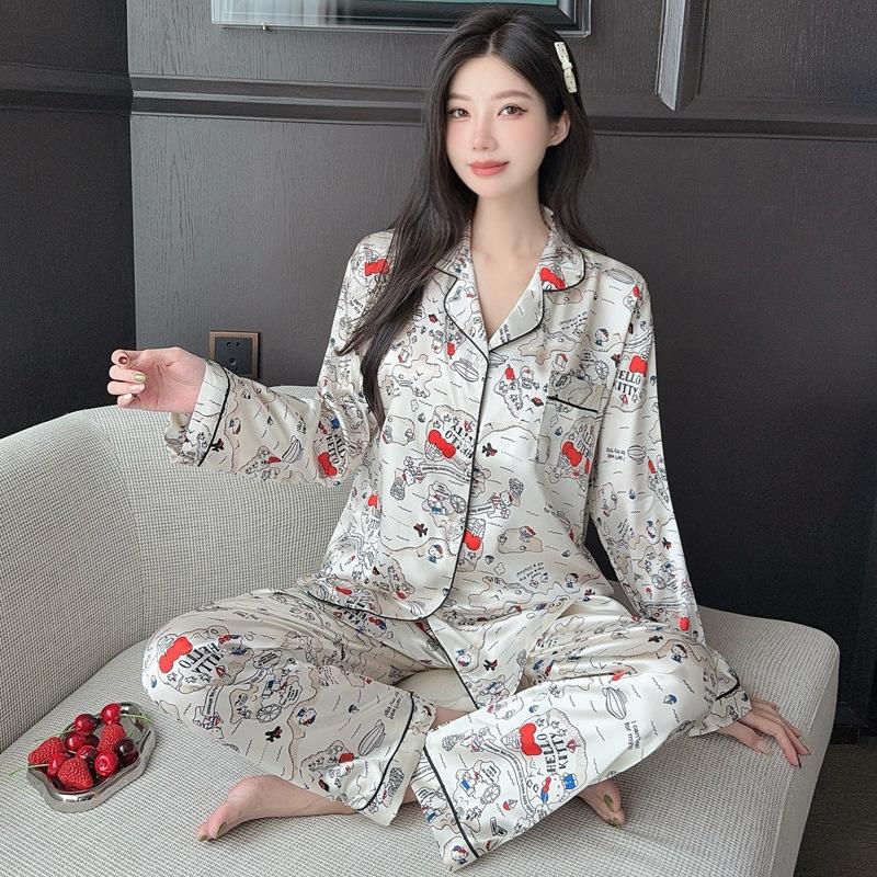 Star Print Ice Silk Women Spring And Autumn Pajamas Long Sleeves High-End Fashion Loungewear Suit