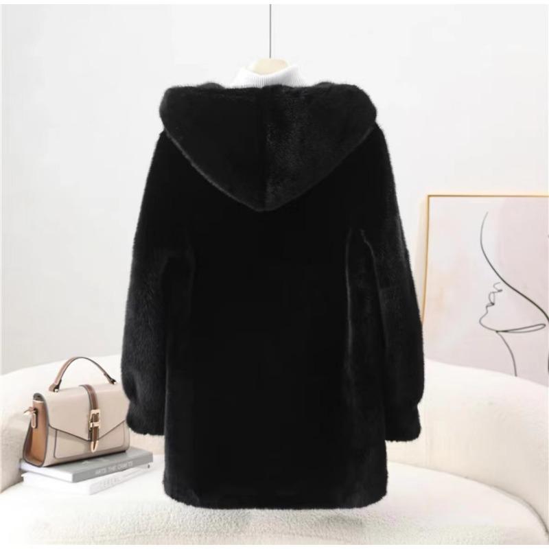 Autumn and Winter Women's Fur One-piece Faux Fur Hooded Mid-length Coat