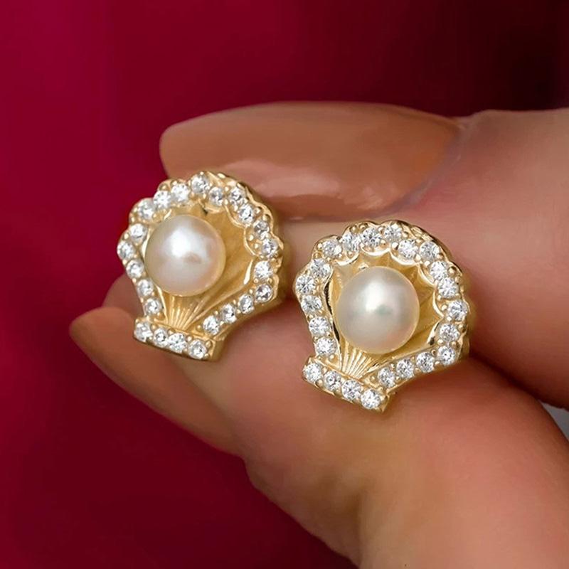 Huitan Gold Color Shell Shaped Stud Earrings Female Graceful Simulated Pearl  for Engagement Bright Zirconia Accessories