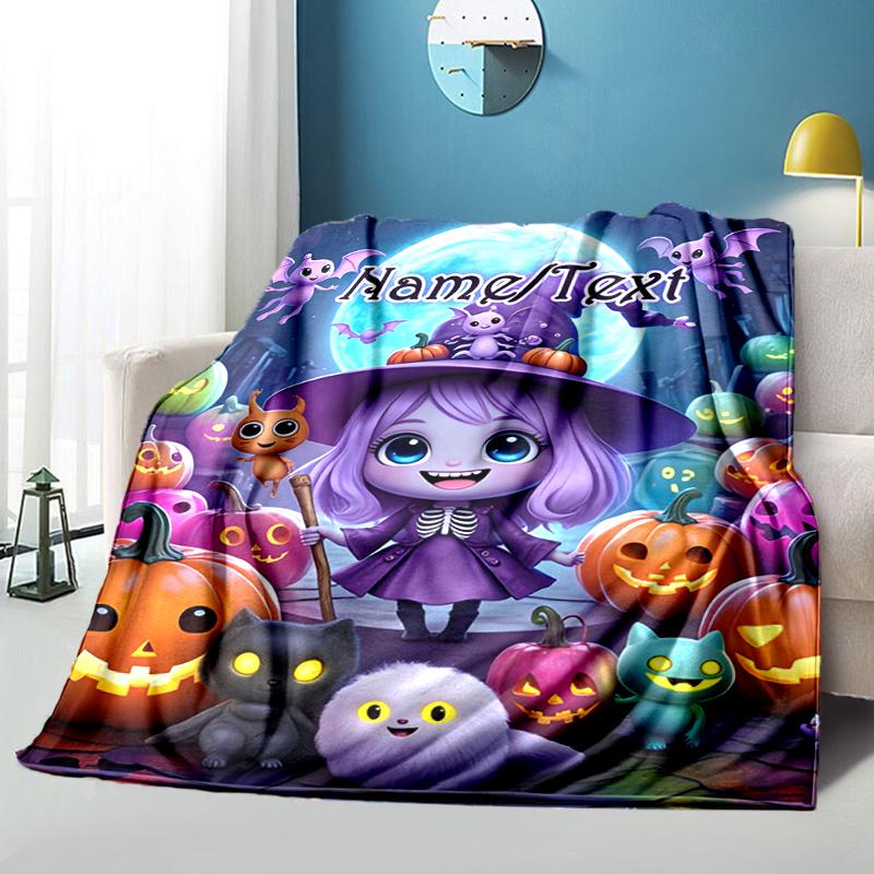 1PC Custom Name Halloween Night Adventure flannel blanket versatile,all-season throw suitable for the living room,bedroom,camping,travel,and gift