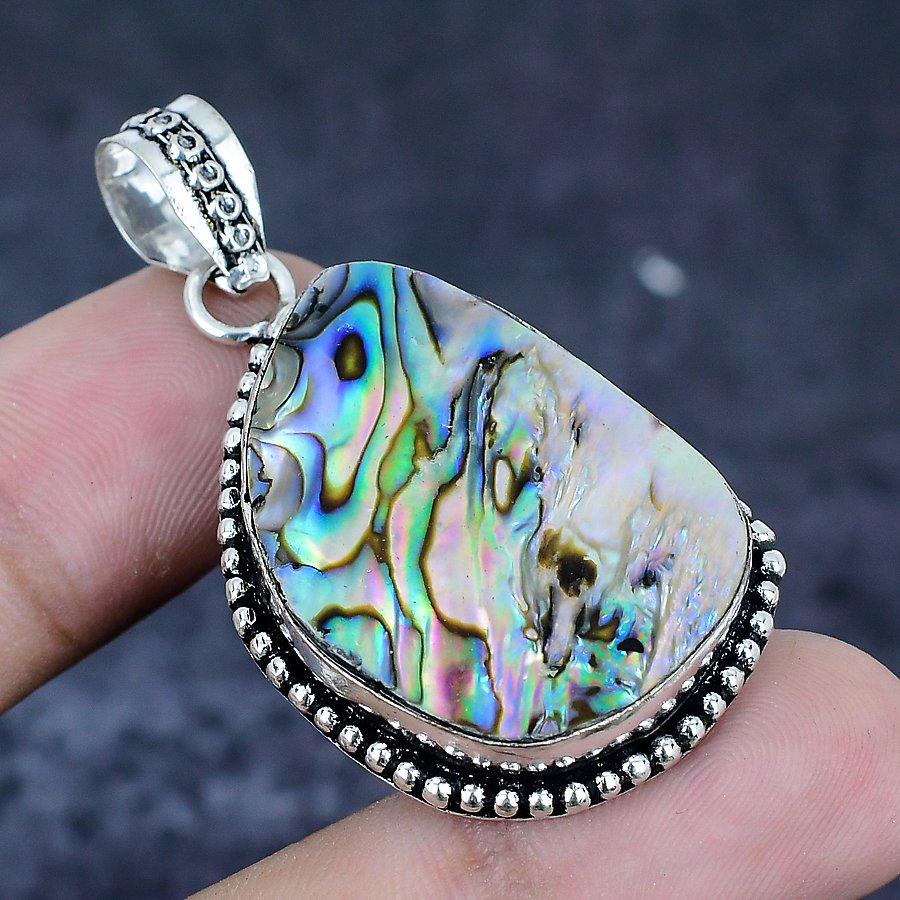 Natural Abalone Shell Gemstone 925 Sterling Silver Jewelry Pendant 1.89" B8j62