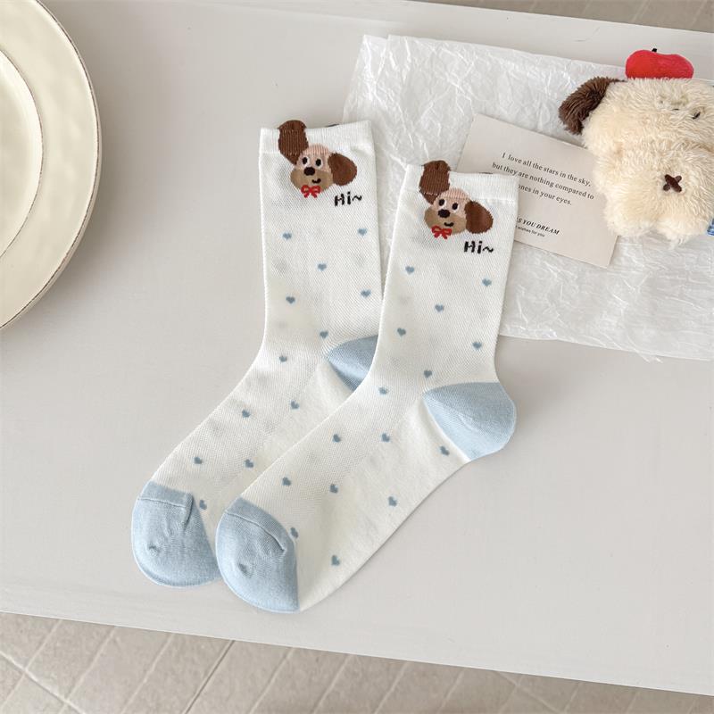Spring/Summer Striped Mesh Puppy Socks: Cute Cartoon Polka Dot Mid-Calf for Women