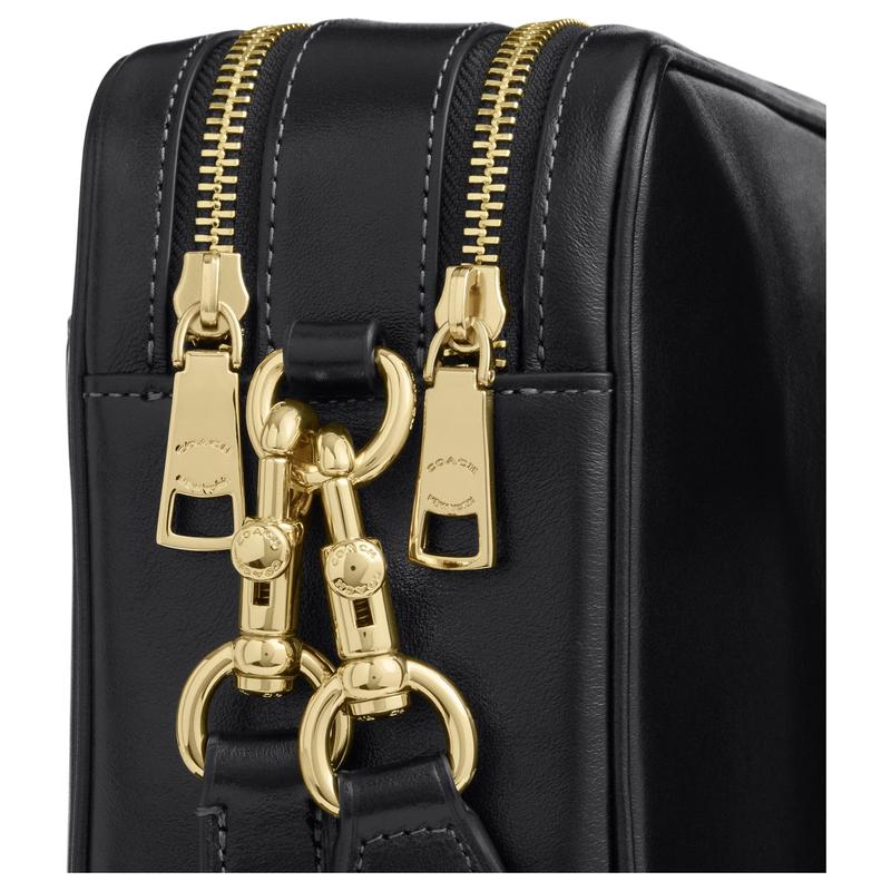 Coach Shoulder Bag CAREY 22 Gold Logo Double Zipper Closure Detachable Handle Strap Built-in Buckle Pocket Cow Leather Camera Small Women's Black