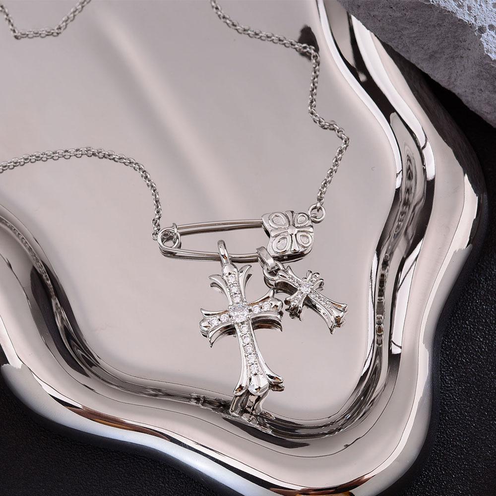 Pin Cross Pendant Necklace Niche Light Luxury High-End Flash Trading Zircon Paper Clip Clavicle Chain Accessories