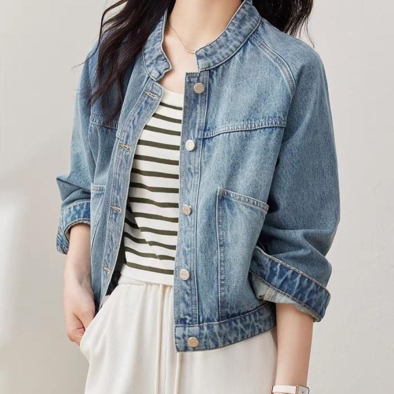 Women's Retro Washed Denim Short Jacket Stand Collar Long Sleeve Top for Autumn and Winter