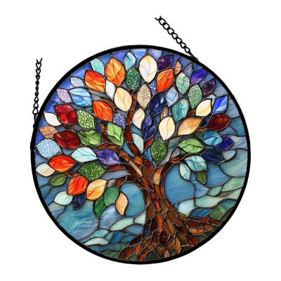 Stained Glass Window Hanging 2D Tree Suncatchers Colorful Glass Panel with Metal Chain for Garden Balconys Ornament