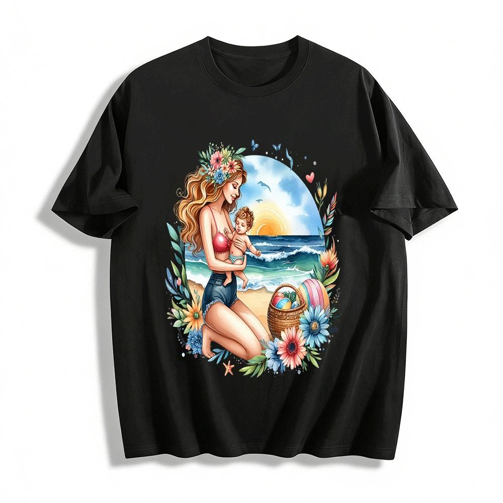 

Seaside Mother-Child Time Print Tender Mom Vacation Style Top Pure cotton T-shirt XXS