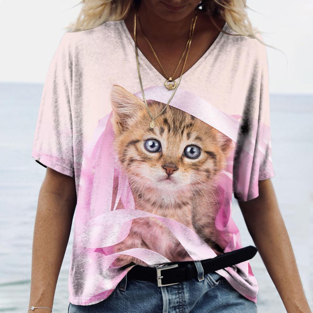 Stylish Breathable Cat Print Short-sleeved V-neck Simple Top T-Shirts Women’s