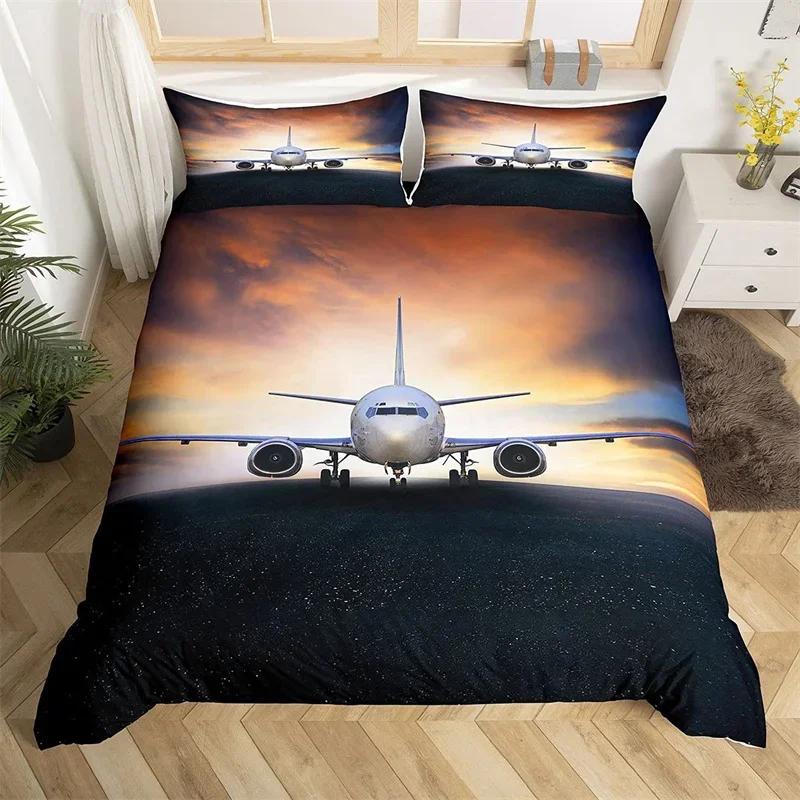 3D Airplane Duvet Cover King Aircraft Transportation Bedding Set Microfiber Globe Comforter Cover Helicopter Decor Quilt Cover