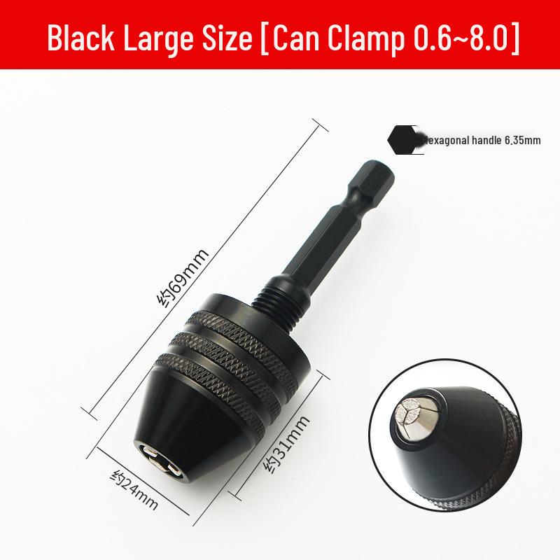 Quick-Change Mini Electric Drill with Three-Jaw Chuck, Hex Extension Rod, and Twist Drill Bit Adapter.