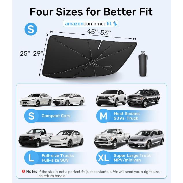Zanch 2025 Upgraded Car Windshield Sun Shade [Cool Down By 75℉ ] With Heat Ulation Coating, Foldable Sunshade Umbrella With Flexible Handle & Ribs,