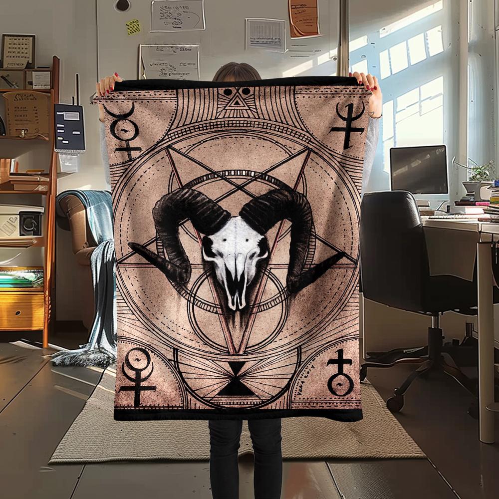 1Pc Skull Satan Print Flannel Blanket, High Quality Comfortable for All Seasons, Home Decor, Warmth and Comfort, Perfect for Christmas Gifts