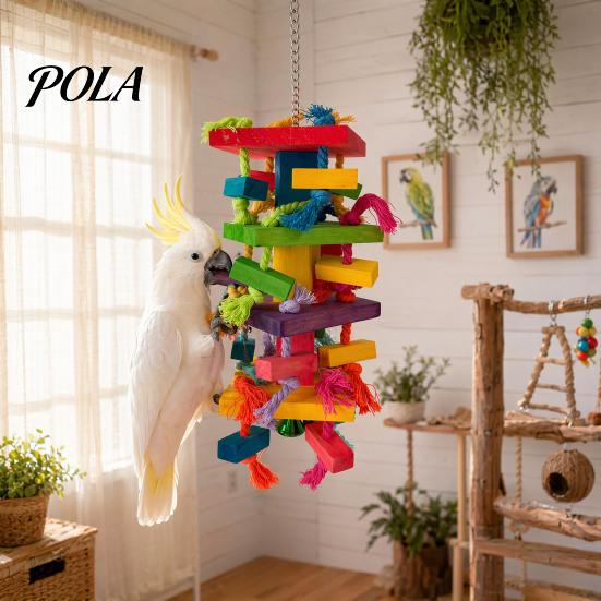 Durable Parrot Toy Chewing for Macaws African Greys, Colorful Wooden Block Puzzle with Medium Chew Cotton Tassels, Hanging Interactive Activity Cage,