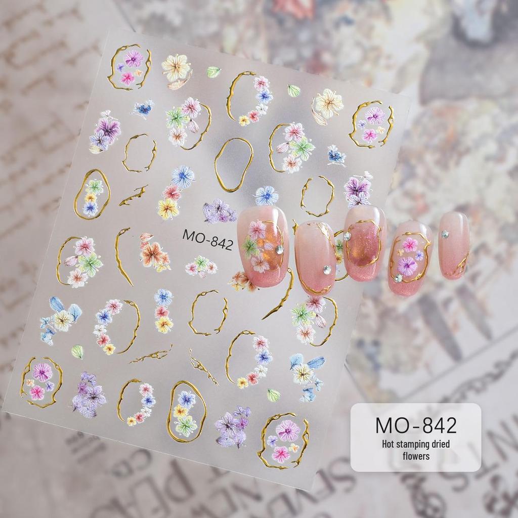 3D Gilded Dried Flower Nail Art Stickers - Retro Light Luxury with Gold Line