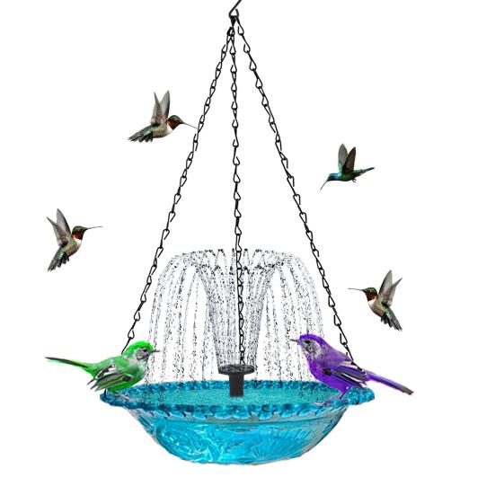 Solar Cascade Fountain Birdbath Solar Powered Fountain Bird Bath Hanging Glass Bowl Birdbath Attracts Wild Birds Hummingbirds for Outdoor Garden Yard