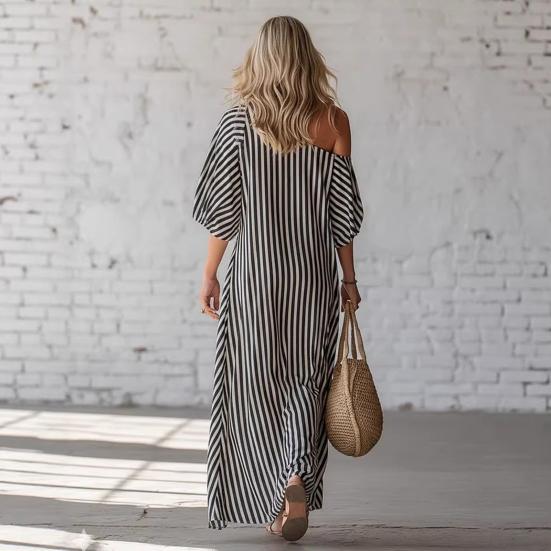 Damen Gestreiftes Off-Shoulder Maxikleid Kurzarm Lässig Party Cocktailkleid Sommer Strandurlaub Fließendes Kleid